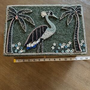 Beaded keepsake woods box with Crane and Palm Tree Design nwot